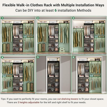 Upgraded 96 Closet System with 18 Storage Place, 8FT Closet Organizers System with 13 Shelves and 2 Wooden Drawers, 96'' Walk-in Closet with 4 Hanging Rods, Adjustable Garment Rack, Oak