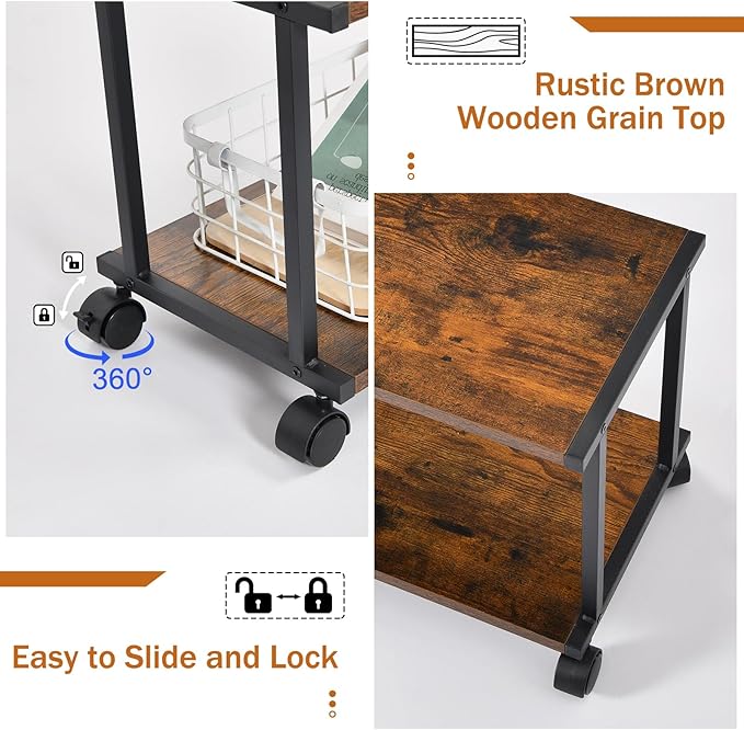 2-Tier Printer Table with Charging Station for Home Office Organization - Small Stand with Wheels for Scanner, Under or Beside Desk Storage Cart - Rustic Brown