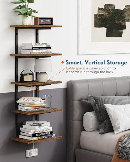 5 Tier Wall Bookshelf Unit for Bedroom Books, Large Floating Book Shelves Wall Mounted, Rustic Wood Lack Tiered Hanging Shelf for Kitchen Office Living Room Corner (Dark Brown)