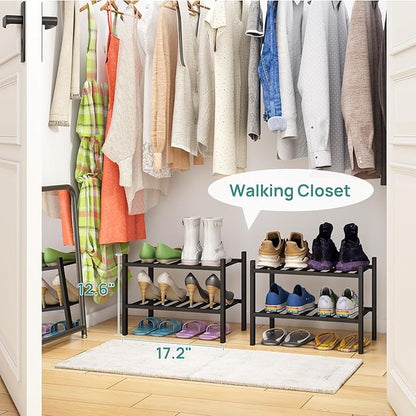 Black Small Shoe Rack for Entryway,2-Tier Bamboo Shoe Organizer for Hallway Closet, Free Standing Shoe Racks for Indoor Outdoor