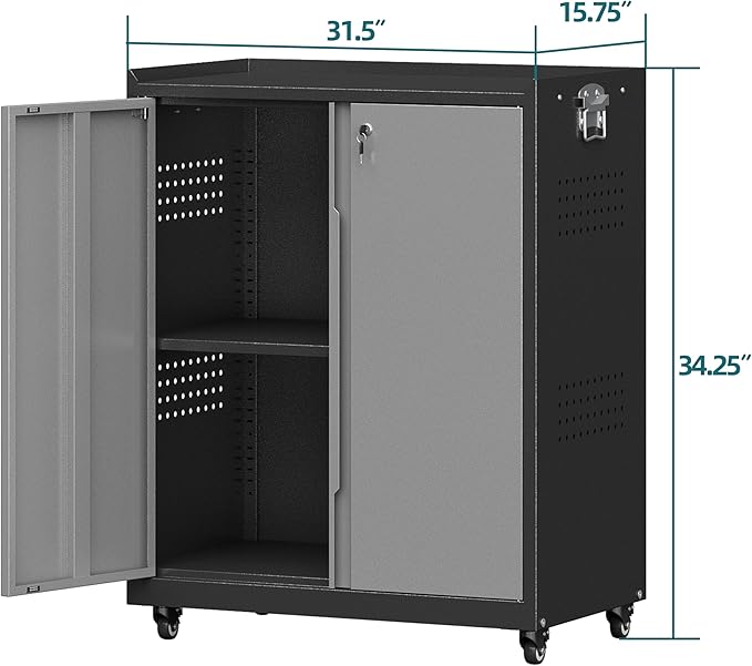 Metal Storage Cabinet with Wheels,34" Rolling Tool Cabinets with Lock&Adjustable Shelves,Locking Utility Cabinet with 1 Door for Garage, Warehouse (Black Grey)