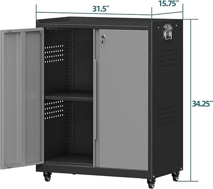 Metal Storage Cabinet with Wheels,34" Rolling Tool Cabinets with Lock&Adjustable Shelves,Locking Utility Cabinet with 1 Door for Garage, Warehouse (Black Grey)