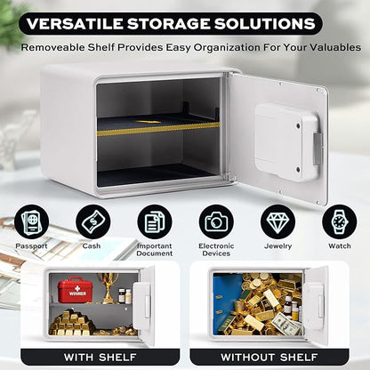 Biometric Safe for Home, 0.6 Cube Feet Auto-Open Fingerprint Safe with Touch Screen, Alarm System & Removable Shelf, Small Money Box for Cash, Jewelry, Documents, Home Office Use,White