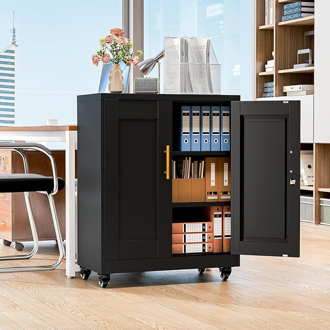 Metal Storage Cabinet with Wheels, 36" Tall Locking Storage Cabinet with 2 Adjustable Shelves, Locking Garage Cabinet, Steel Locker Organizer, for Office, Home, School, Black