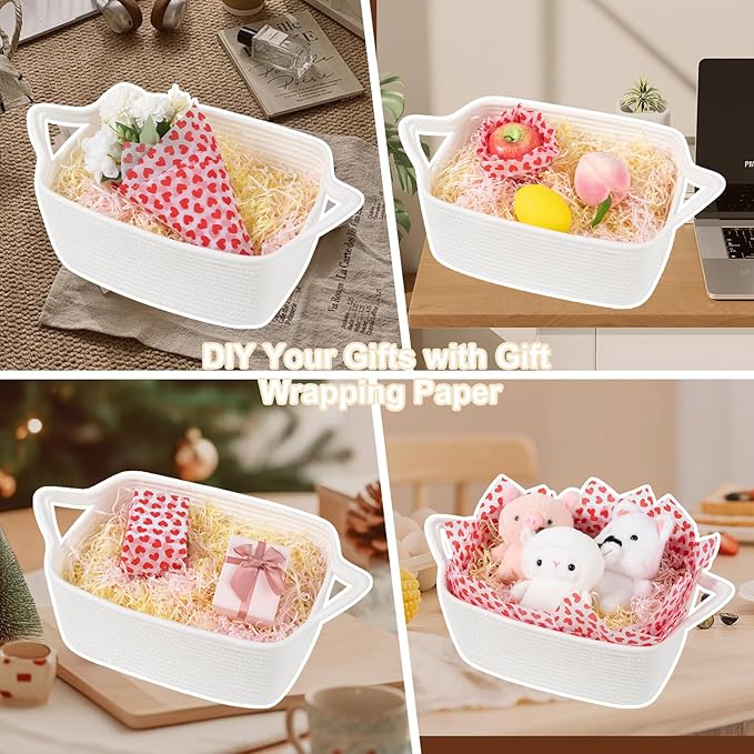 OIAHOMY Woven Basket, Gift Basket Empty with Gift Bags Ribbons and Wrap Tissue Paper, Rope Baskets for Baby Showers, Storage Baskets with Handles for Nursery, Pet Toy Organizer - Valentine's White