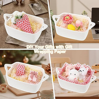 OIAHOMY Woven Basket, Gift Basket Empty with Gift Bags Ribbons and Wrap Tissue Paper, Rope Baskets for Baby Showers, Storage Baskets with Handles for Nursery, Pet Toy Organizer - Valentine's White