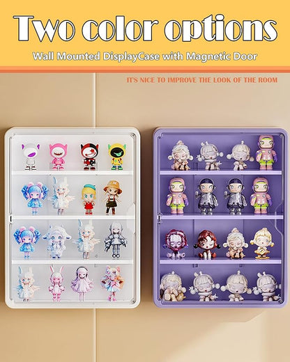 HGYZE Clear Display Case for Figures, 15.75" High, Wall Mounted Shelf with Magnetic Door, Hanging Display Case for Collectibles Action Doll Blindboxes Storage (White, 4-Layer 1 Pack)
