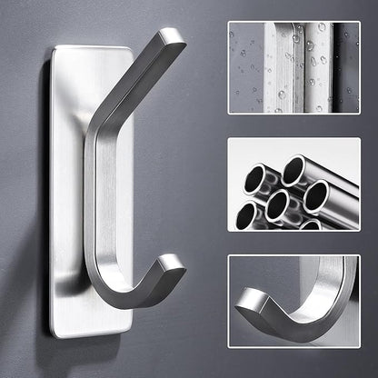 DELITON Adhesive Towel Hooks for Bathroom - 4 Pack Heavy Duty Stick on Wall Hooks, Waterproof Robe/Coat Hangers for Kitchen, Shower (Silver, Stainless Steel)