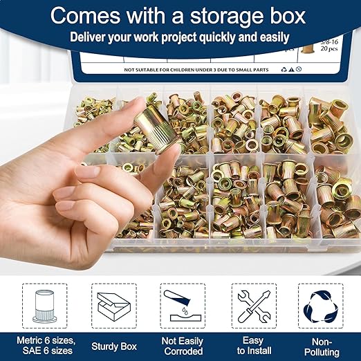 Metric & SAE Rivet Nut Assortment Kit(920 Pcs), M3 M4 M5 M6 M8 M10#6-32#8-32#10-24 1/4"-20 5/16"-18 3/8"-16 UNC Flat Head Rivnut Set, Zinc Plated Finish Carbon Steel Nutsert