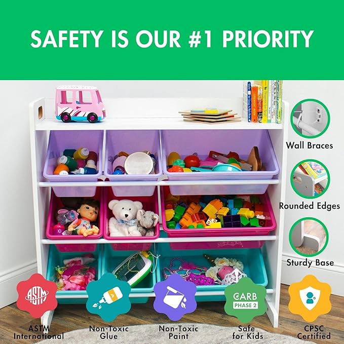 Humble Crew Crafts and Toy Storage Organizer with Top Shelf and 9 Removable Bins, White/Pink/Purple/Aqua Toddler Bookshelf with Organizer - Modern Rack Ideal for Kids' Rooms, Playrooms, and Nurseries