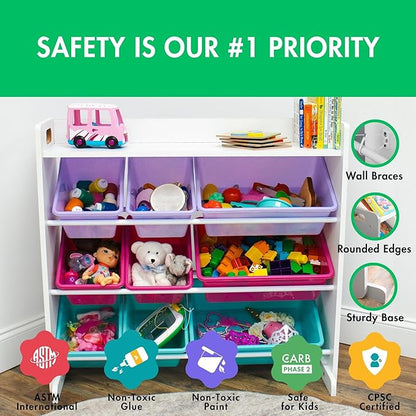 Humble Crew Crafts and Toy Storage Organizer with Top Shelf and 9 Removable Bins, White/Pink/Purple/Aqua Toddler Bookshelf with Organizer - Modern Rack Ideal for Kids' Rooms, Playrooms, and Nurseries