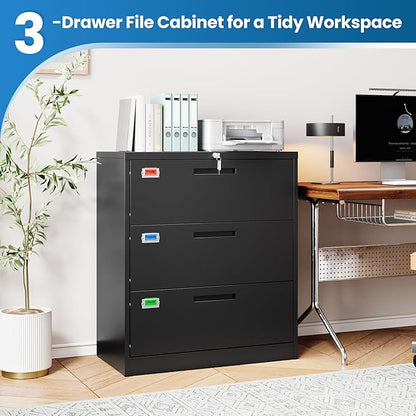 3 Drawer File Cabinet, Lateral Filing Cabinets for Home Office, Office Storage Drawers with Lock, Hanging Files Legal/Letter A4 Size (Assemble Required,Black)