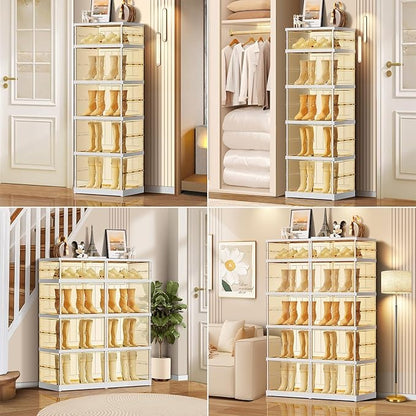 5-Tier Foldable Shoe Rack for Closet Entryway 5-10Pairs,Stackable Clear Shoe Storage Boxes Organizer with Door Plastic Shoe Cabinet Bins with Lids Shoes Shelf Easy Assembly Large