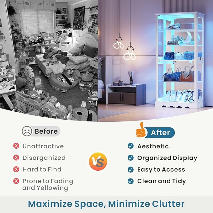 Glass Display Cabinet with Doors, RGB Curio Cabinet with LED Lights for Collectibles, Display Case with Adjustable Shelf, White