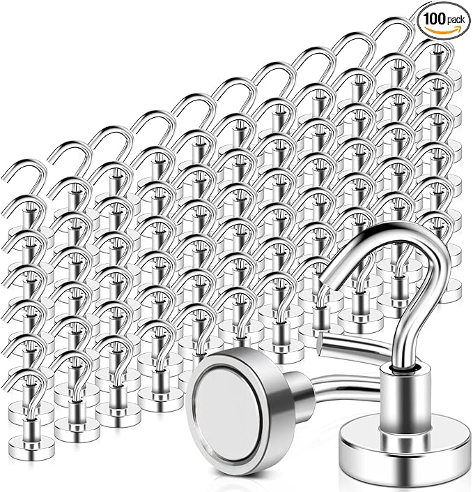 MAGXCENE 100 Pack Magnetic Hooks Heavy Duty 25 lbs Strong Rare Earth Magnet Hooks for Hanging, Refrigerator, Neodymium Magnets with Hooks for Grill Kitchen Tool Storage