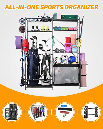 PLKOW Golf Storage Ball Rack Garage Organizer, 2 Golf Bag Organizer and Other Sports Equipment Organizer for Garage, Extra Large Size Sports Storage Rack for Garage