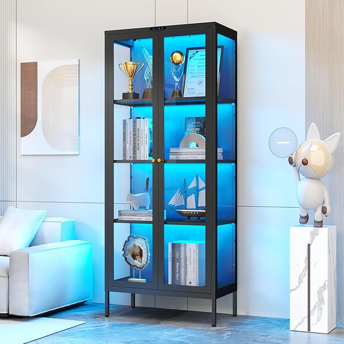 Glass Display Cabinet with 8-Color LED Lights, Black Curio Cabinet with Glass Doors, 66 Inch Tall Display Case for Collectibles, Metal Storage Cabinet for Living Room, Assembly Required