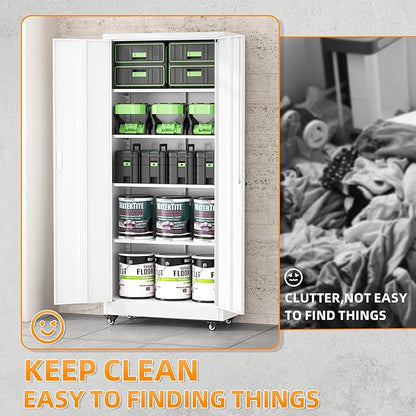 Bonusall 72" Metal Garage Storage Cabinet with Wheels, 2-Door Steel Locking Cabinet with 4 Adjustable Shelves, Heavy Duty Rolling Utility Cabinets for Warehouse, School - White