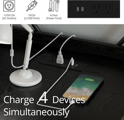 IRONCK Computer Desk 55" with Power Outlet and Storage Shelves, Study Writing Table with USB Ports Charging Station, PC Desk Workstation for Home Office, Black