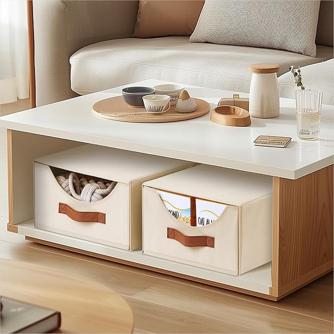 Stackable Storage Drawers - Collapsible Storage Bins with Drawers, 4 Pack Closet Shelf Organizer Basket, Fabric Pull Out Organizer for Bedroom, Living Room, Dorm, Beige