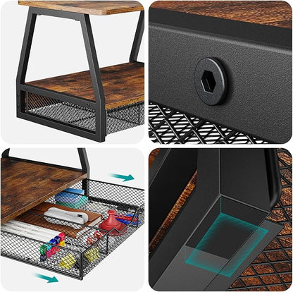 Printer Stand with Storage - 3D Printer Table Office Organizer for Desk Top Organizing, 2-Tier File Holder, Paper Storage and Desktop Shelf for Computer Printer Stand with Drawers Rustic Brown