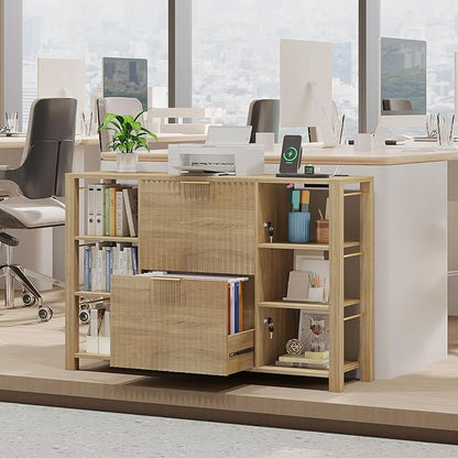 File Cabinet for Home Office, Fluted Filing Cabinet with Charging Station, 2 Drawers Fit Letter/Legal/A4 with Tabs, Printer Stand with Lock & 2 Power Outlets, 6 Shelves (1, Oak)