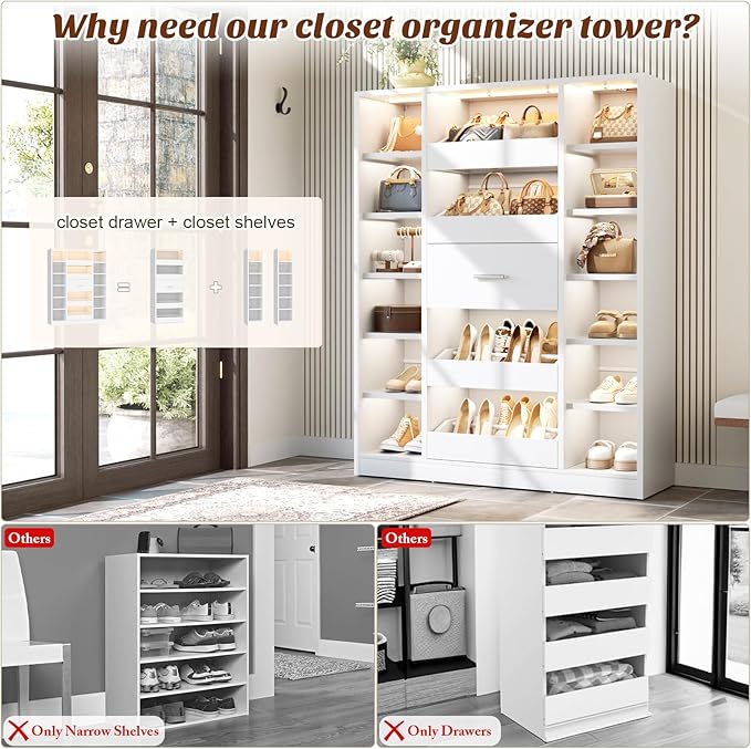 40" Closet System with LED Lights, Wooden Closet Organizer System with 5 Drawers & 12 Shelves, Versatile Closet Storage Tower for Walk-in Closets, Shoe Rack and Handbag Storage Cabinet, White