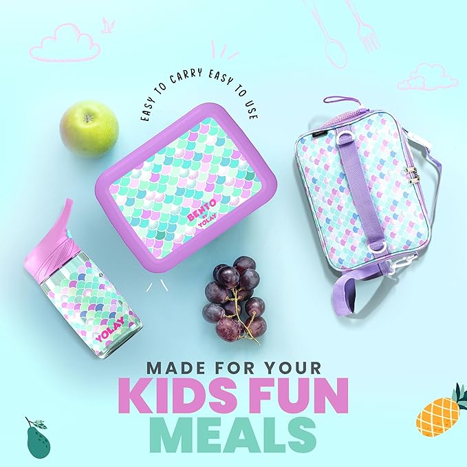 YOLAY Bento Box for Kids Lunch Box Leak-Proof, 5-Compartment Lunch Box Kids for Ages 3-10, Durable with Anti-Slip Base, Suitable for Schools, Outdoor and Travel (Mermaid) (Scallop)