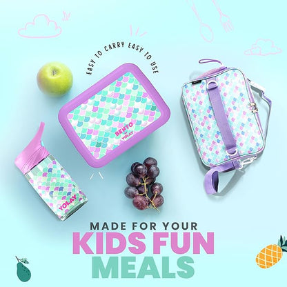 YOLAY Bento Box for Kids Lunch Box Leak-Proof, 5-Compartment Lunch Box Kids for Ages 3-10, Durable with Anti-Slip Base, Suitable for Schools, Outdoor and Travel (Mermaid) (Scallop)