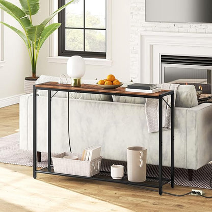 Sofa Table with Power Outlet, 43.7" Console Table with USB Ports, Behind Couch Table, Entryway Table for Living Room, Hallway, Foyer, Metal Frame, Adjustable Feet, Rustic Brown CTHR11E01Z1N1