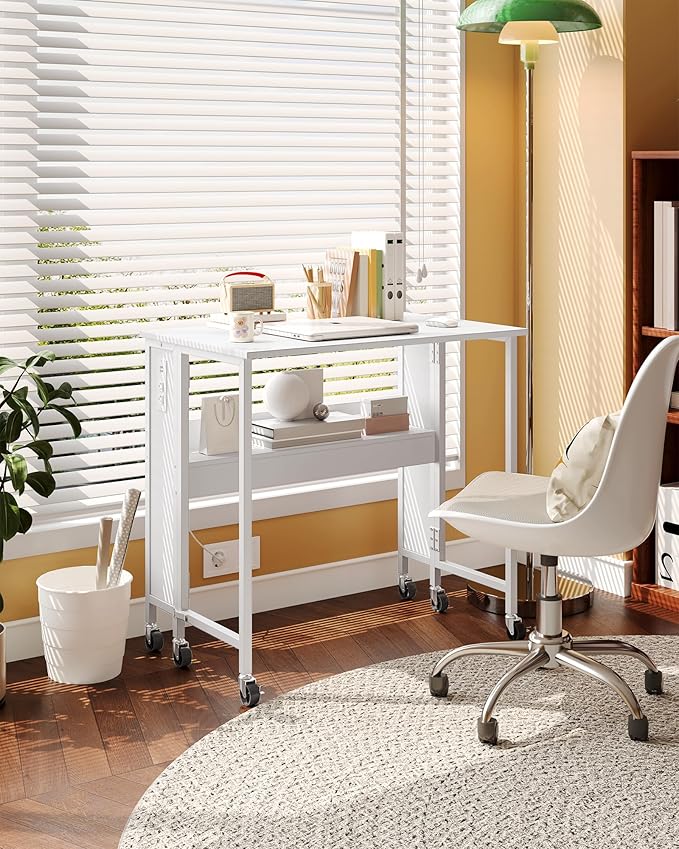 31.5" Modern White Folding Computer Desk with Power Outlets, Wheels, Storage, Perfect for Small Spaces White TDN01UWB