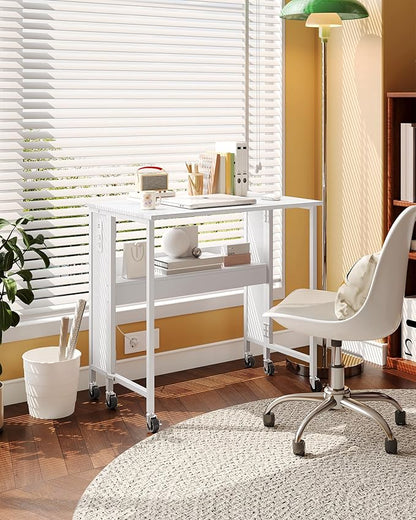 31.5" Modern White Folding Computer Desk with Power Outlets, Wheels, Storage, Perfect for Small Spaces White TDN01UWB
