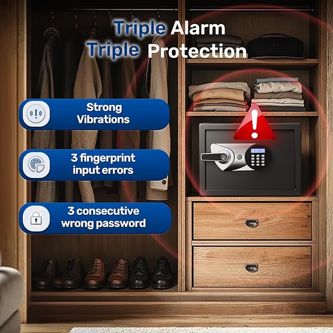 BlackSmith Home Safe Box 1.2 Cubic Feet Biometric Gun Safe Quick Access Fingerprint Security Lock Box for Pistols, Cash, Jewelry with Dual Alarm System LCD Display and Fireproof Bag