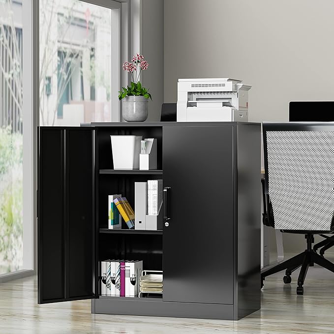 Metal Storage Cabinet, 2 Doors Garage Cabinets, Steel Utility Tool Caninet, Short Locking Caninets with Adjustable Shelves, Black Lockable File Cabnet Cupboard for Home/Office/School/Shop