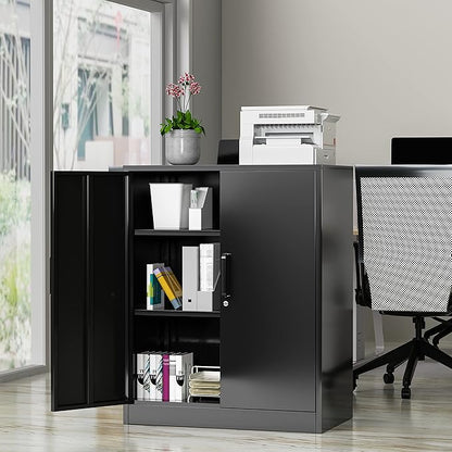Metal Storage Cabinet, 2 Doors Garage Cabinets, Steel Utility Tool Caninet, Short Locking Caninets with Adjustable Shelves, Black Lockable File Cabnet Cupboard for Home/Office/School/Shop