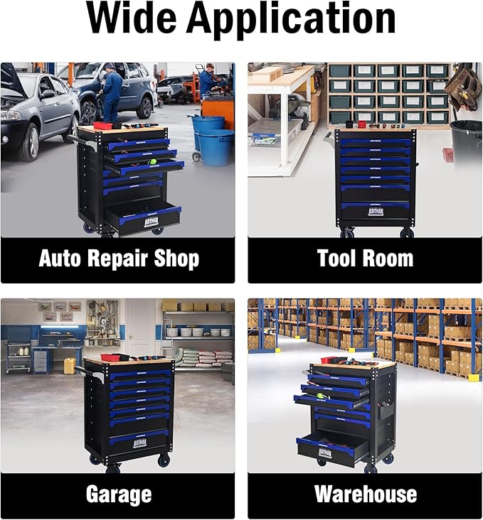 30 inch 7-Drawer Rolling Tool Chest with Wheels, Wood Countertop Heavy Duty Tool Cart, Locking System, Rolling Cabinet for Garage Warehouses, Repair Shops - Requires Assembly (Black&Blue)