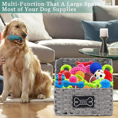 Dog Toy Storage Basket,Rattan Weave Organizer Bin for Dogs Cats,Collapsible Puppy Toys Box with Wire Frame, Easy-Access(Grey)
