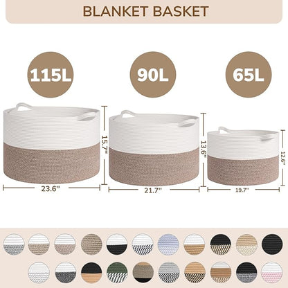 INDRESSME 115L Extra Large Cotton Rope Basket, Blanket Basket for Home Decor Living Room Nursery, Toy Storage Baskets for Kids Boys Girls, White & Navy
