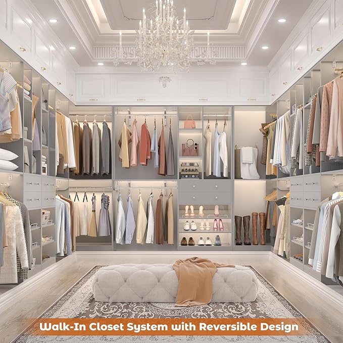 Large Closet System with Corner(3 Sets), 91.5" * 91.5"/31.5" * 151" Closet Organizer System with 4 Drawers and 8 Hanging Robs, Reversible Walk-in Closet System with Heavy Duty Shelving, Morandi Grey
