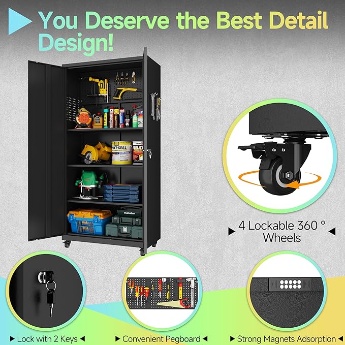 Metal Garage Storage Cabinet with Wheels,71" Tool Storage Cabinet with Adjustable Shelves,Lockable Storage Cabinets with Pegboards for Warehouse,Workshop,Garage,Basement,Utility Room(Black
