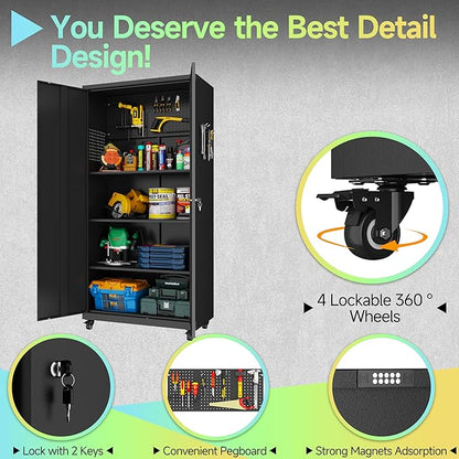Metal Garage Storage Cabinet with Wheels,71" Tool Storage Cabinet with Adjustable Shelves,Lockable Storage Cabinets with Pegboards for Warehouse,Workshop,Garage,Basement,Utility Room(Black