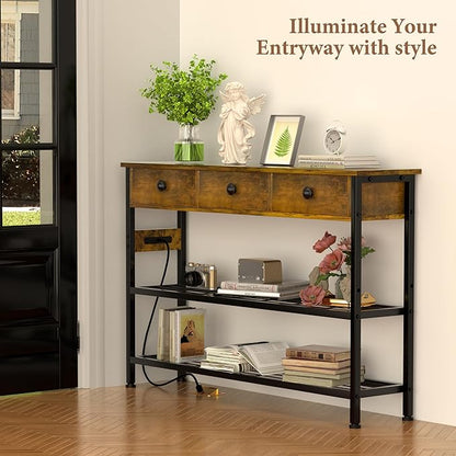 GRLEAF 47" Console Table with Outlets & USB Ports – Narrow Entryway Table with 3 Drawers and Storage Shelves, Power Strip Sofa Table for Living Room, Hallway, Kitchen, Foyer – Rustic Brown Wood Finish