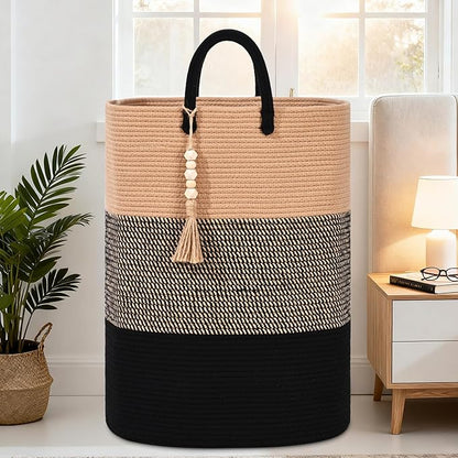 Woven Laundry Basket for Clothes, 65L Large Rectangle Laundry Hampers with Beads Tassel, Nursery Storage Basket for Toys, Tall Dirty Clothes Hamper for Bedroom Aesthetic, Laundry Room Organization