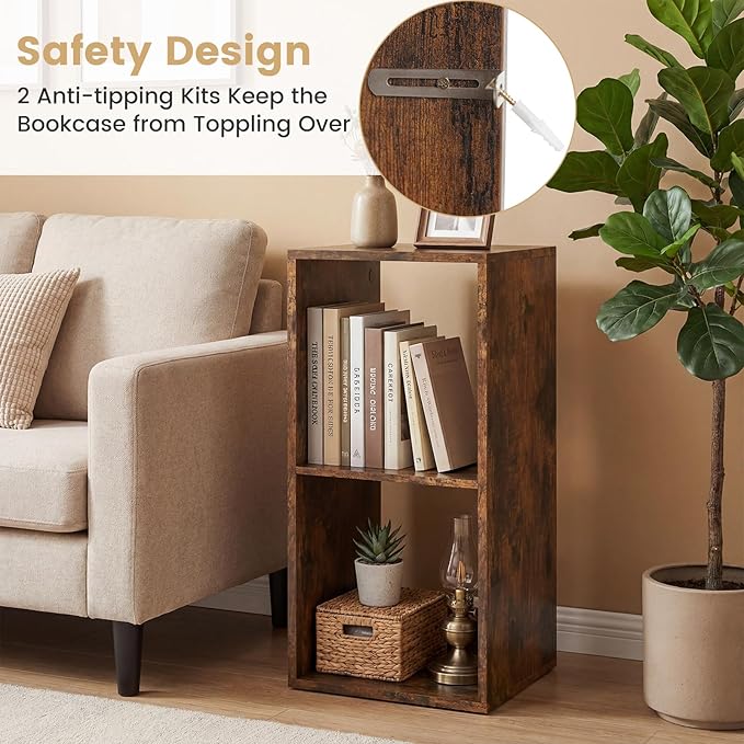 Giantex 2-Cube Bookcase, Cubby Bookshelf w/Back Guardrail & Anti-Tipping Kits, 3-Tier Freestanding Storage Organizer with Shelves, Open Back Display Rack for Living Room, Bedroom, Rustic Brown