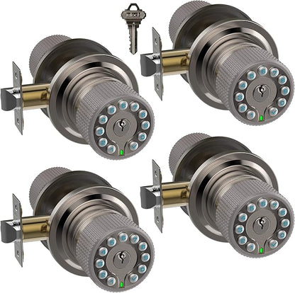 Smart Door Knob with Keypad and Key,Keyless Entry Door Lock with Rubber Grip, Auto Lock,50 User Code,Waterproof, Easy to Install and Program for Bedroom(Stain Nickel Same Key 4 Pack)