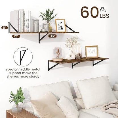 Fun Memories Floating Shelves for Wall, 12 Inch Deep Floating Shelves Set of 2, 36W x 12D Large Wall Shelf with Sturdy Metal Brackets for Living Room, Bathroom, Bedroom and Kitchen, Rustic Brown