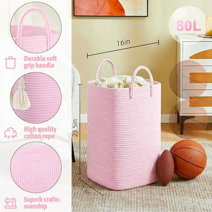 Laundry Basket,Woven Cotton Rope Laundry Hamper,80L Versatile Storage for Dirty Clothes,Baby Toys,and Blankets in Bathroom, Nursery,and Living Room