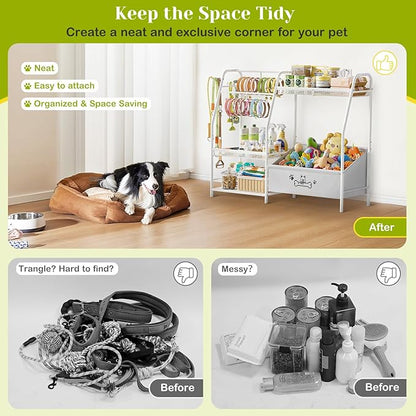 Large Dog Toy Basket with Dog Storage Organizer, Trapezoid Dogs Toy Bin Box with Collar Leash Holder Hook, Toy Holder Chest Pet Storage Cabinet for Living Room, Dogs Essentials for Pet Lovers Gift