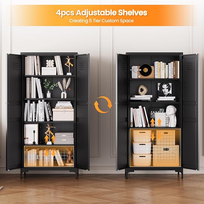 61" Tall Kitchen Pantry Storage Cabinet with 2 Doors and 4 Adjustable Shelve, Metal Black Food Pantry Cabinet, Kitchen Cabinet Storage Unit,5 Tier Freestanding Cupboard for Kitchen Dining/Living Room