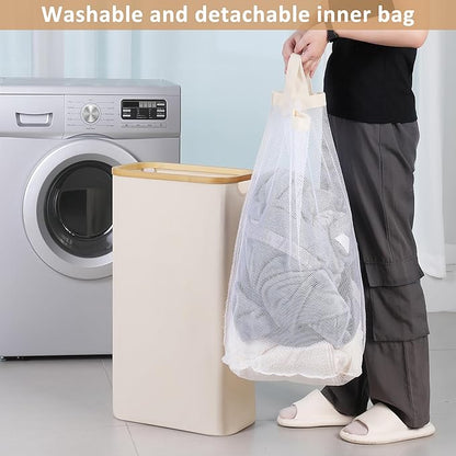65L Slim Laundry Hamper, Narrow Laundry Basket with Lid,Foldable Clothes Hamper with Bamboo Handles,Hamper Basket with Removable Inner Bag for Laundry Room Bedroom College Dorm,17.17 Gals Beige